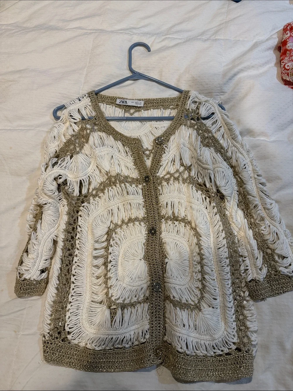 Zara Cream and Gold Fringe Open-Knit Cardigan